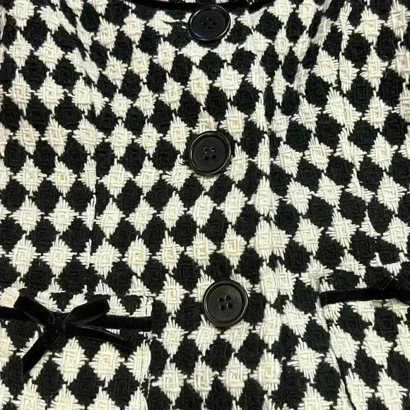 Trina Turk Wool Blend Jacket Size 4 Tweed Preppy Velvet Trim Bows Chic Career - Picture 8 of 10